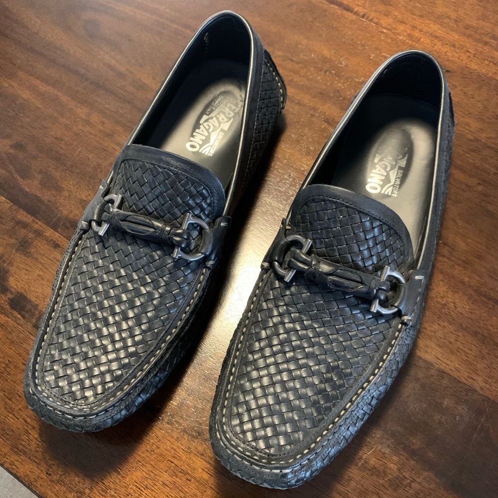 Black, woven Ferragamo men’s loafers